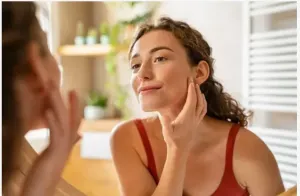 Młoda dziewczyna przygląda się kondycji swojej cery