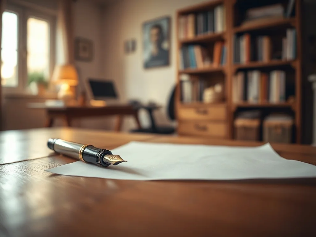 Pióro wieczne leżące na czystej kartce papieru na biurku, symbolizujące proces pisania i dbałość o poprawną polszczyznę.