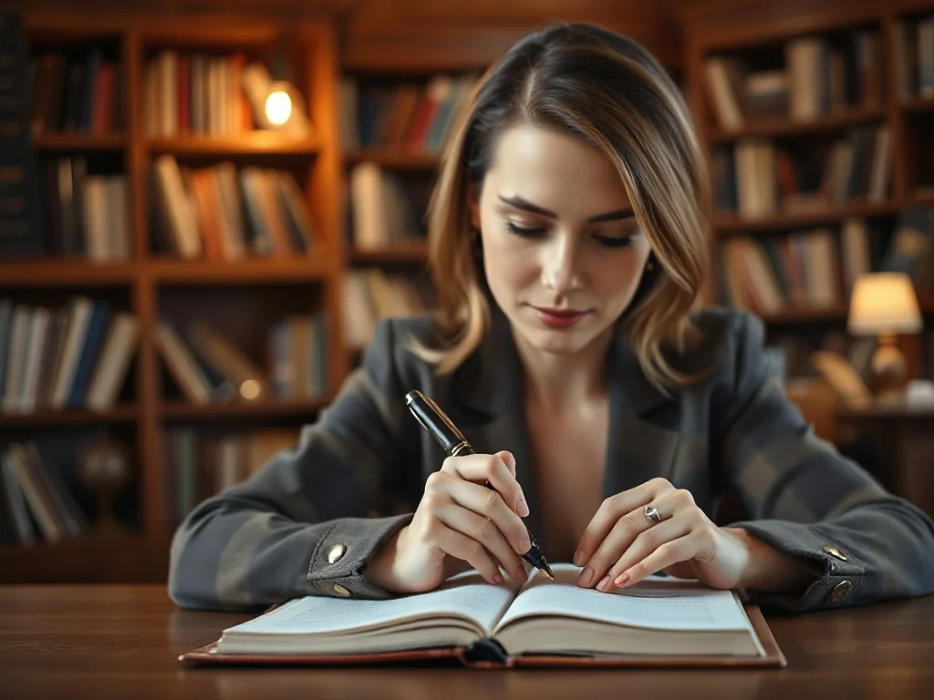 Kobieta skupiona na pisaniu piórem w notatniku przy drewnianym biurku w przytulnej bibliotece.
