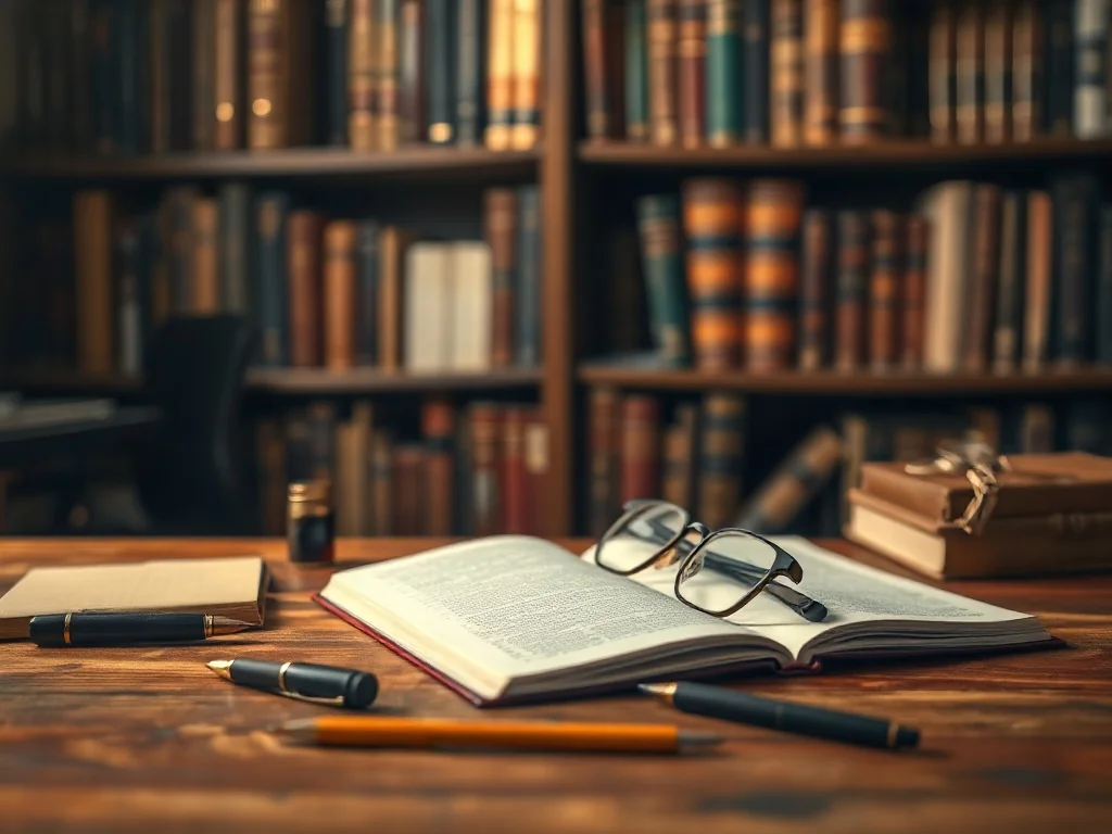 Stylowe biurko z notatnikiem i piórem w bibliotece, tworzące atmosferę sprzyjającą pracy nad poprawnością językową.