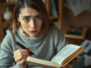 Zdezorientowany mężczyzna przy maszynie do pisania, otoczony słownikami i podręcznikami do gramatyki.