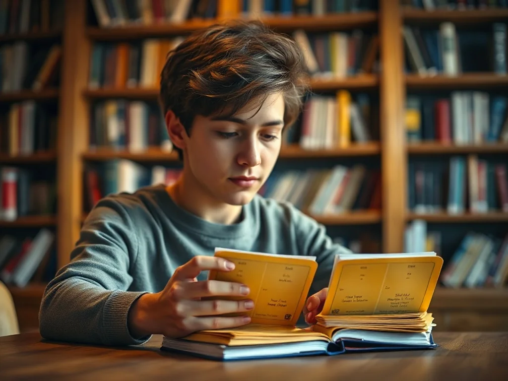 Student siedzący przy biurku z fiszkami do nauki czasowników, otoczony przytulnym wnętrzem biblioteki.