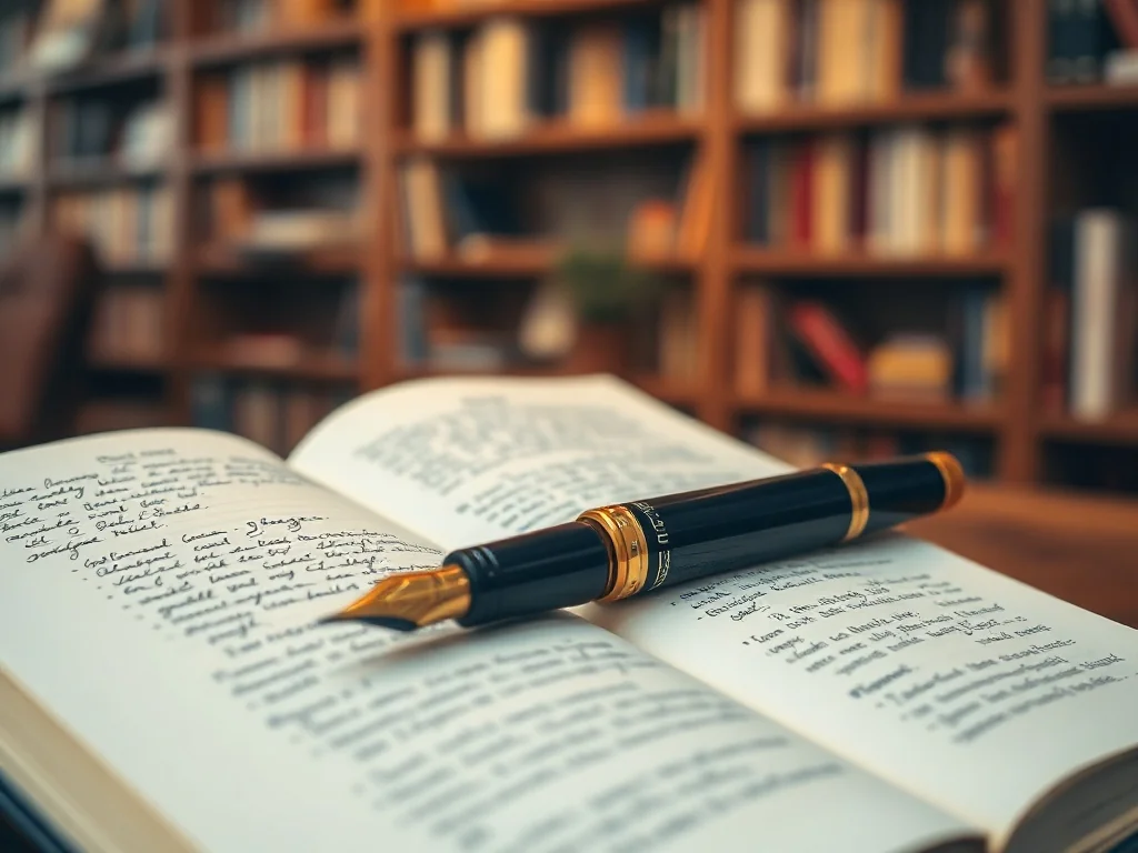 Eleganckie pióro wieczne na otwartym notatniku z notatkami gramatycznymi w przytulnej bibliotece.